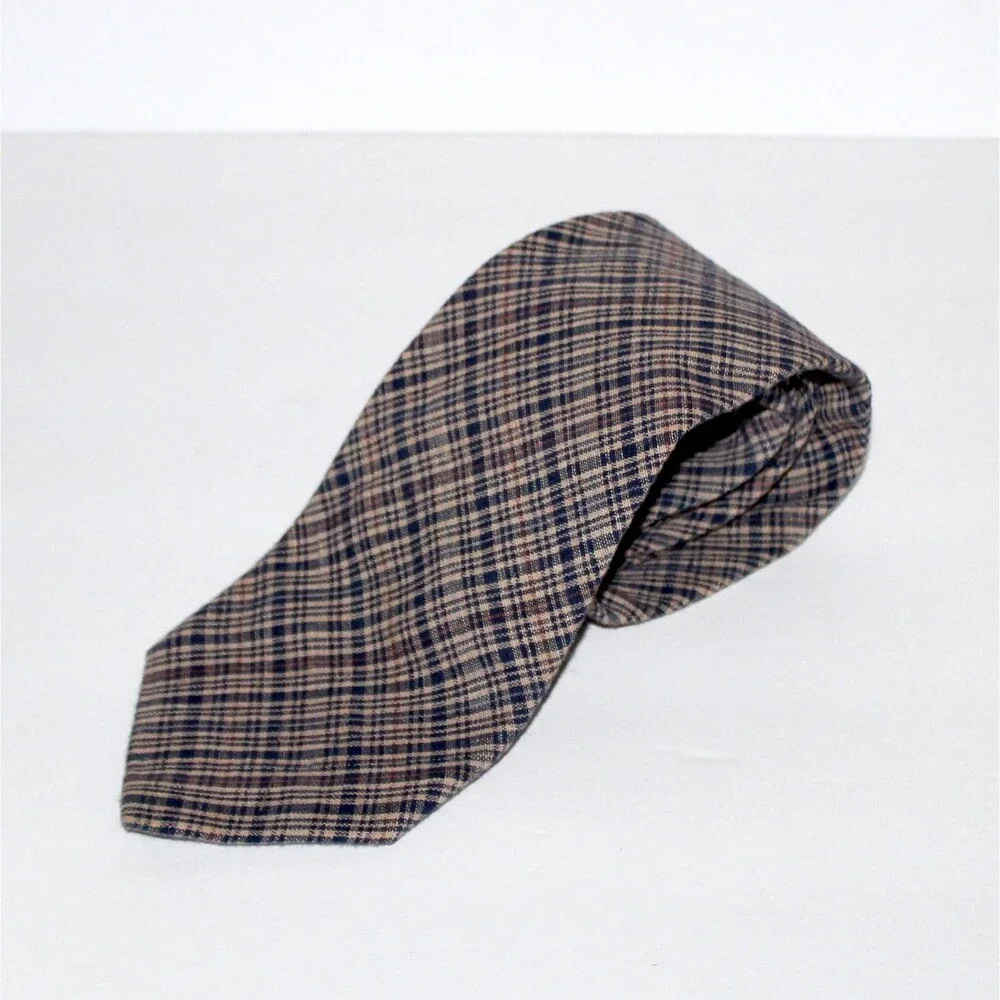 Beans McGee Necktie plaid blue tan vintage USA traditional cotton linen